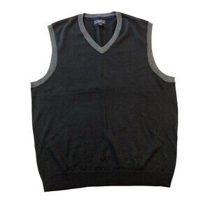 Club Room Men’s Sweater Vest Black Gray Trim Size L Merino Wool Blend V-Neck